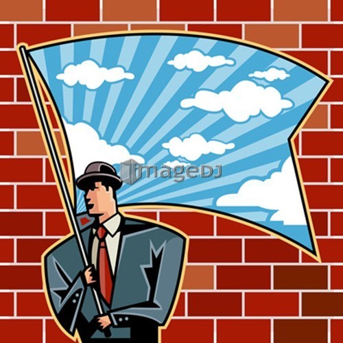 Close-up of businessman holding flag by brick wall