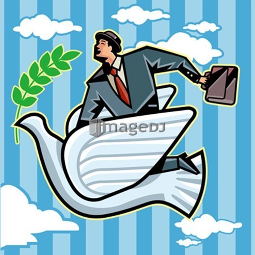 Side view of businessman holding briefcase flying on bird