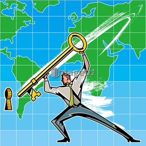 Businessman holding key towards keyhole