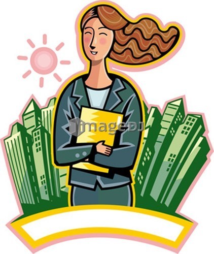 Close-up of businesswoman holding book, buildings and sun in background