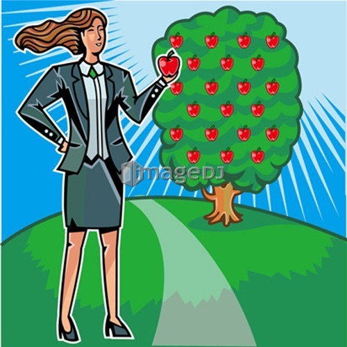 Businesswoman picking apples