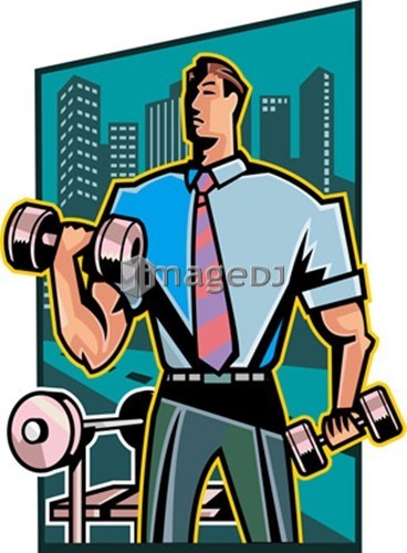 Businessman lifting dumbbell in office