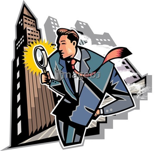 Businessman holding magnifying glass with building in background