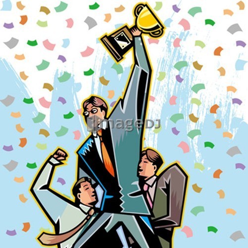 Businessman holding up trophy