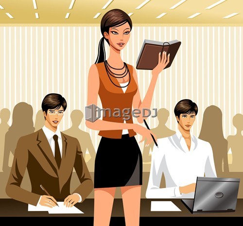 Two male office workers sitting at desk, female supervisor giving them Note