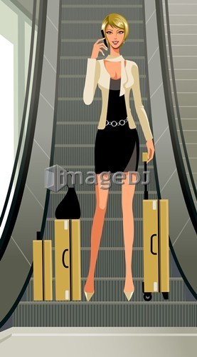 A woman with her luggage at the escalators