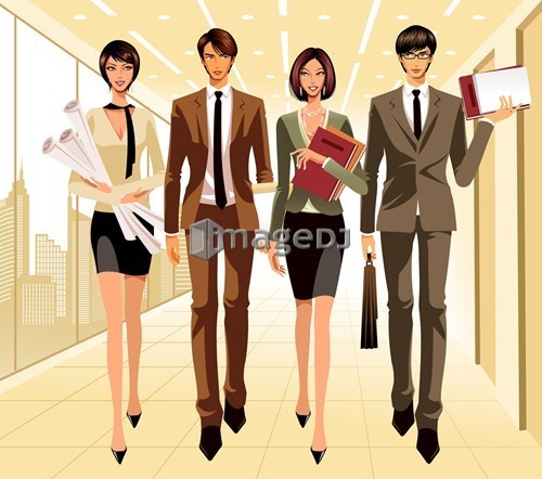 Four business people walking together