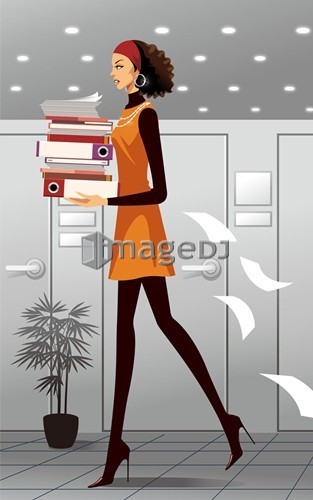 A businesswoman carrying stack of documents