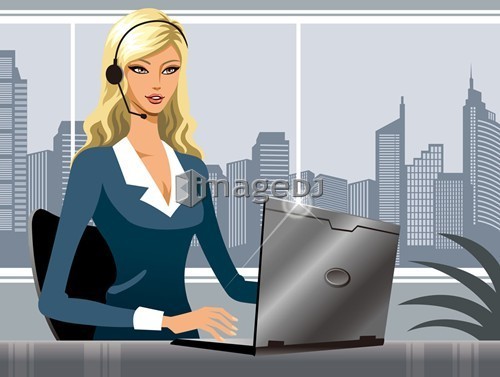 Businesswoman wearing a telephone headset with a laptop