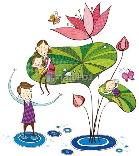 family playing with lotus flower