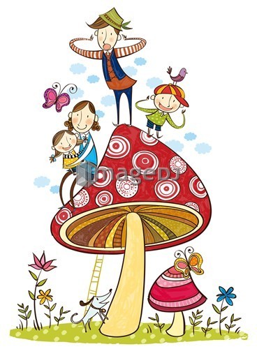 portrait of happy family over the large mushroom