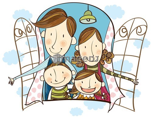 Portrait of happy family looking out of window