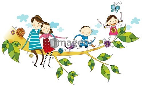 Portrait of happy family sitting on branch of tree