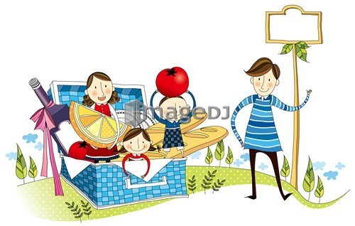 Family enjoying basket dinner at picnic