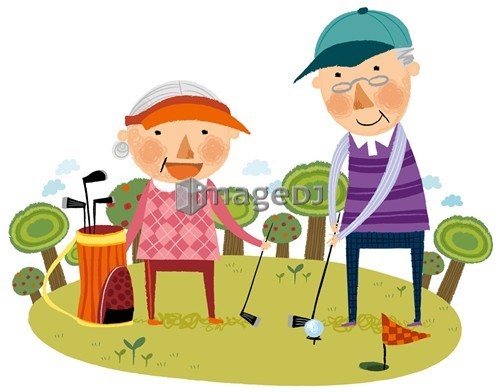 Elderly couple playing golf