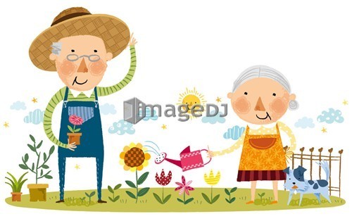 Elderly couple doing gardening