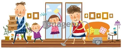 family cleaning the house