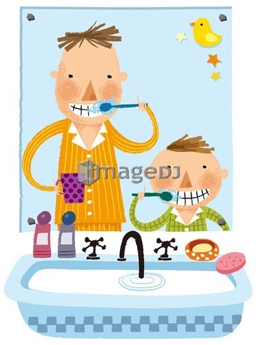 Father & son brushing Teeth