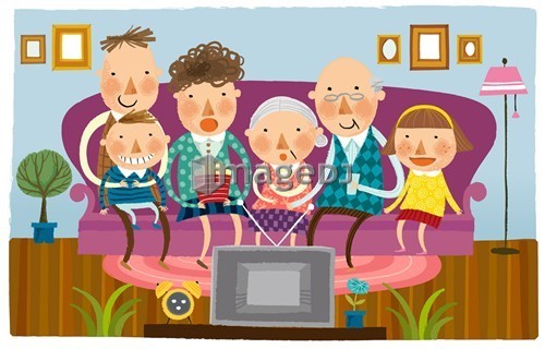 Large family watching television at home