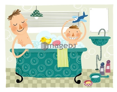 Father & boy child taking bath in bath tub