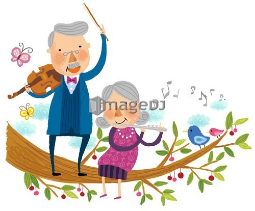 Elderly couple playing musical instruments