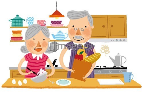 Elderly couple helping each other in kitchen