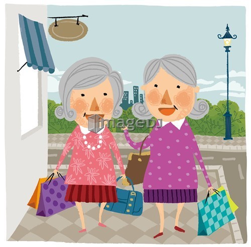 Two elderly woman arriving home from shopping