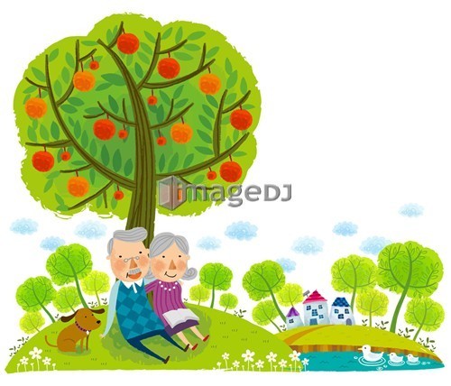 Elderly couple sitting under tree 