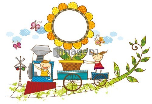 Children on train carrying flower plant