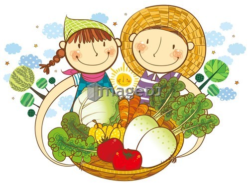 Boy and Girl holding the basket of vegetable