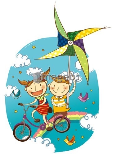 Children flying in sky on bicycle