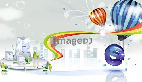 Internet Explorer sign with air balloon and city vector