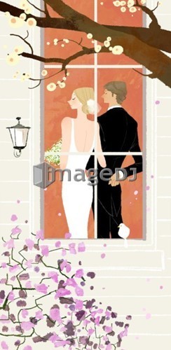 Bride and groom seen from window