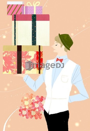 Young man Holding gift boxes and bouquet of flowers