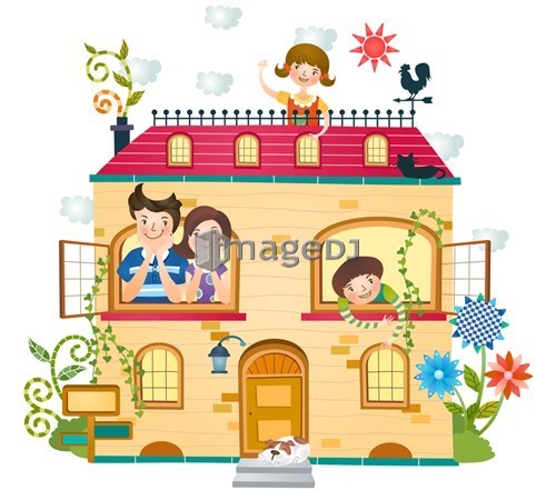 Portrait of happy family looking through window