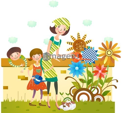 Mother and daughter watering flower plants in garden