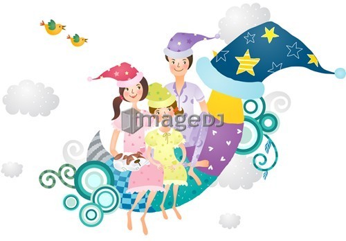 Portrait of family sitting on moon wearing hat