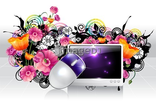 Computer and mouse with flora design