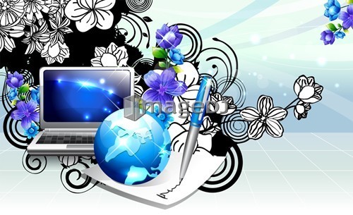 Laptop and globe with flora design