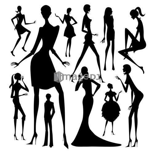 Set of silhouette of the woman in different dress isolated on white background