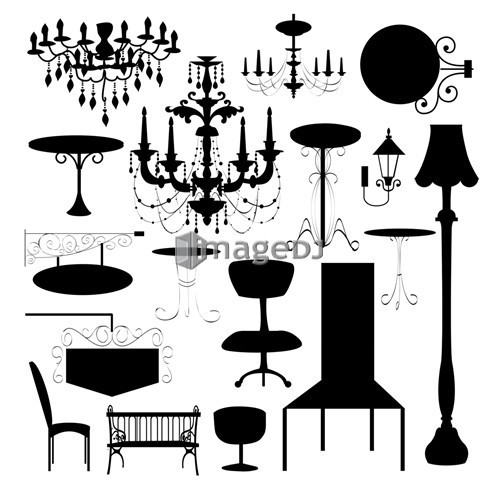 Set of silhouette of luxury chair, sign board and different type of lamp