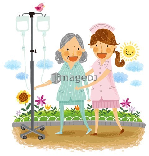 Portrait of nurse and elderly woman with Saline bag on stand