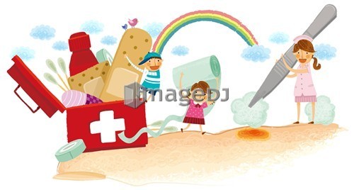 Nurse and children using First aid kit and supplies