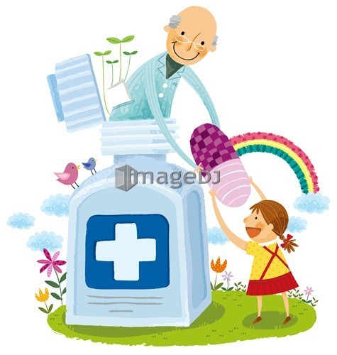 Elderly man giving girl child capsule from medicine bottle 