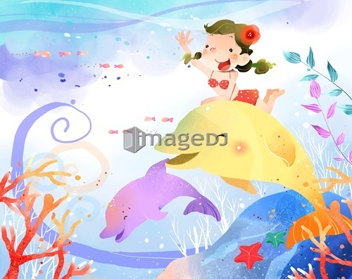 Girl riding on dolphin fish in water