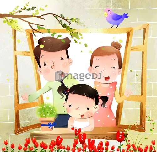 portrait of family with one child at window