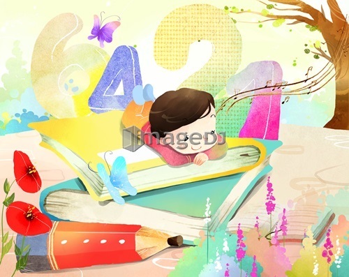 Portrait of boy laying on book