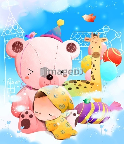 Child sleeping on teddy bear