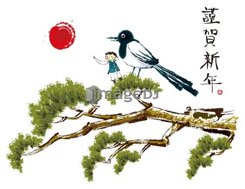 Drawing of boy and bird on tree